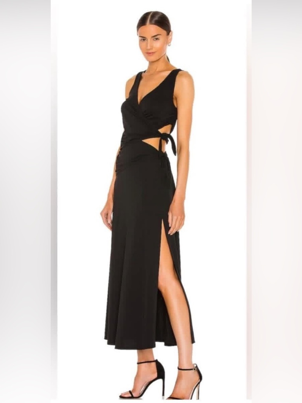 LPA Raina Black Sleeveless Side-Tie V-Neck Maxi Dress with High Slit